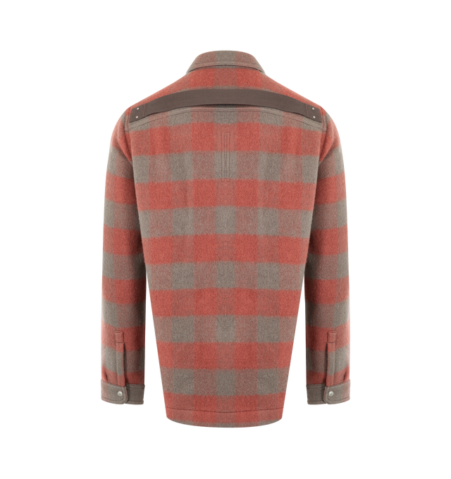 Image 2 of 2 - RED - RICK OWENS Plaid Overshirt featuring a classic plaid pattern, a harness-inspired strap details the back yoke for a signature avant-garde finish, spread collar, long sleeves, snap barrel cuffs, chest patch pockets, interior zip pocket and snap-button-front closure. 100% new wool.