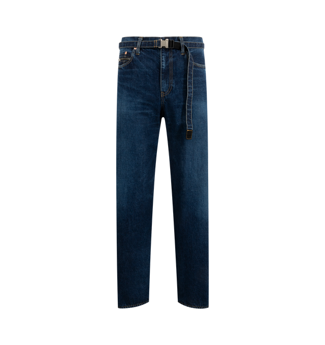 Image 1 of 3 - BLUE - SACAI BEYONDEXX Jeans featuring straight-leg, belted, button and zip fastening and five pocket styling. 100% cotton.