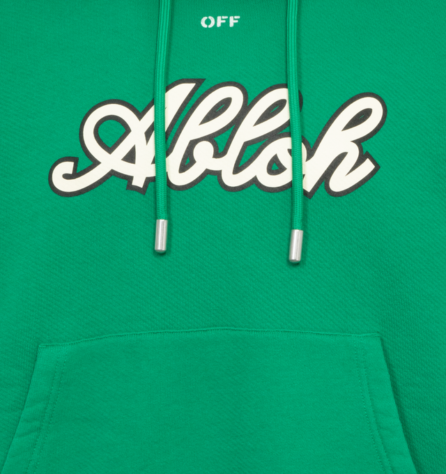 Image 3 of 4 - GREEN - OFF-WHITE FOOTBALL OVER HOODIE is an oversized hoodie that features collegiate-inspired branding and Virgil Abloh's last name in cursive on the front of the hoodie, an oversized number 23 with Off White wording above the number on the back in white with a drawstring hood and kangaroo pockets. 100% cotton. 