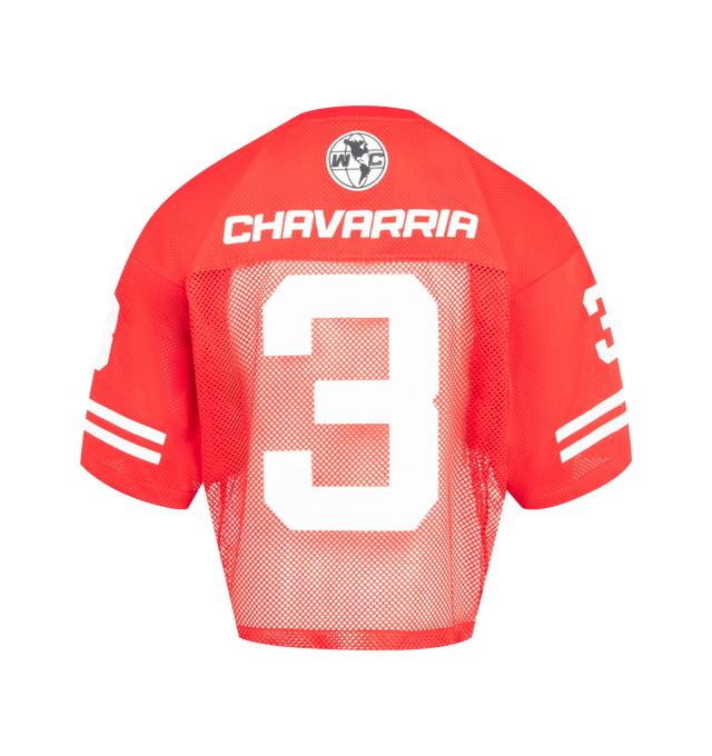 Image 2 of 3 - RED - WILLY CHAVARRIA Willy Football Jersey featuring an athletic-inspired silhouette, cropped cut, oversized fit, dramatic shoulders, zig-zag stitched appliqu graphics, a ribbed V-neck collar and dual-gauged mesh construction. 100% polyester. Made in the USA.