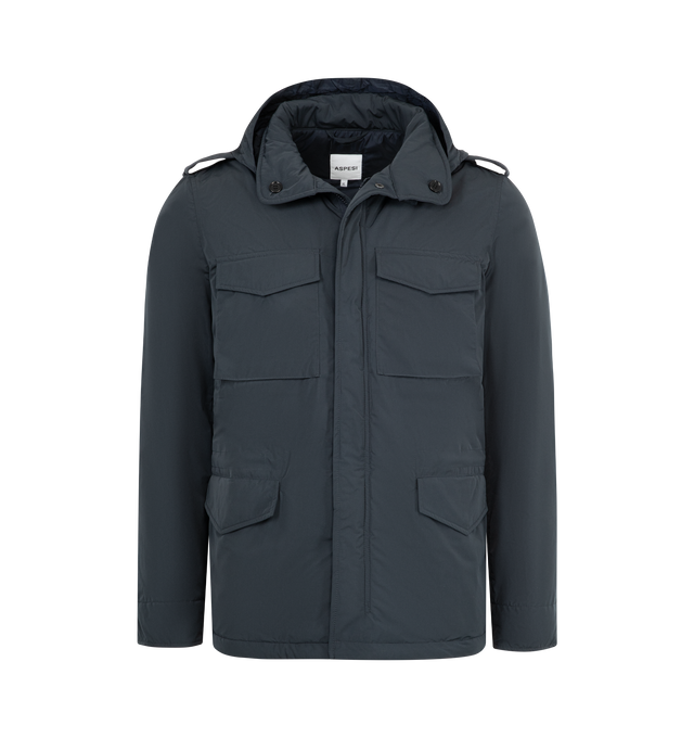 Image 1 of 5 - NAVY - ASPESI Mini Field Jacket in nylon taffeta featuring extra-thermal wad padding, detachable fold-away hood, zip plus hidden button fastening and wind flap, waterproof, four patch pockets, drawstring waist, zipper pull branded with the micro-injected Aspesi logo and slim fit. 100% polyamide.