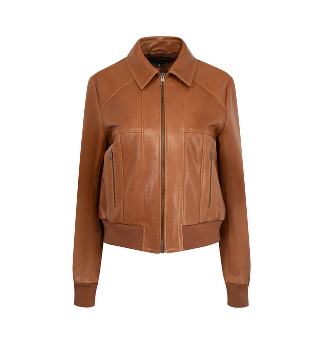 Image 1 of 3 - BROWN - NILI LOTAN Sue Leather Bomber Jacket featuring ibbed trim at cuffs and bottom, zip front closure, classic collar and zip front pockets. 100% leather.