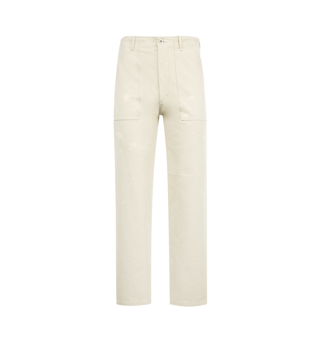 Image 1 of 3 - WHITE - AURALEE Washed Baggy Satin Bleached Baker Pants featuring four pocket style, relaxed fit, button zip closure, belt loops and paint throughout. 100% cotton.