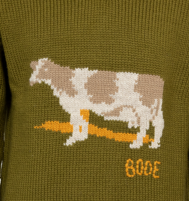 Image 3 of 3 - GREEN - BODE Cattle Sweater featuring knit wool, rib knit V-neck, hem, and cuffs, intarsia graphic at front, logo embroidered at front, stripes at hem and raglan sleeves. 100% wool. Made in Peru. 