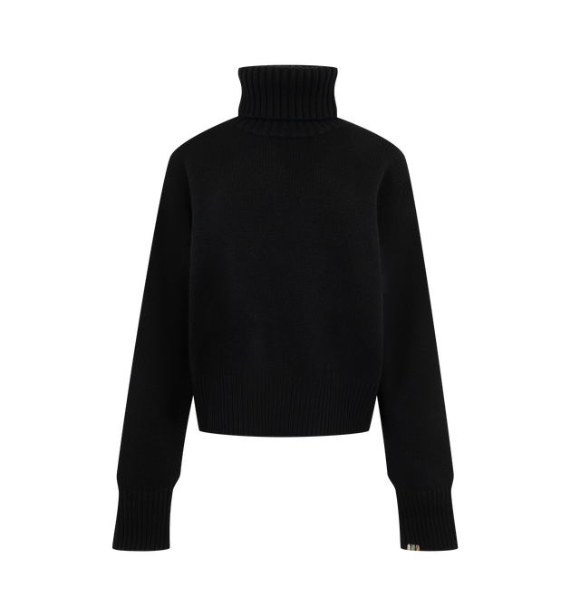 Image 1 of 2 - BLACK - Extreme Cashmere Women's Crop Xtra Sweater is crafted from cashmere and features a cropped silhouette, drop shoulders, and a plush heavy-knit construction. Designed with a cozy turtleneck, this relaxed style is finished with ribbed detailing at the neckline, cuffs, and hem for a refined everyday fit. Main Material: 100% Cashmere.