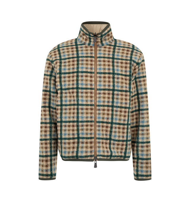 Image 1 of 2 - GREEN - Moncler Grenoble Men's Plaid Fleece Zip-Up Cardigan is crafted from plush fleece and features a stand collar, a two-way front zip closure, and long sleeves. Designed for lightweight warmth and everyday versatility, this zip-up layer is finished with contrasting nylon details and a streamlined silhouette. Main Material: 56% Acrylic, 44% Polyester. Contrast: 100% Polyamide. Closure: Two-Way Front Zip. Collar: Stand Collar. Sleeves: Long Sleeve. Fit: Runs Small; Size Up Recommended. Impo