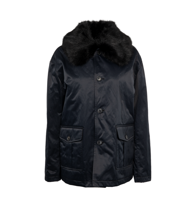 Image 1 of 4 - NAVY - NILI LOTAN Blaise Parka featuring relaxed nylon parka, removable faux fur collar, slight drop shoulder, military pocket detail, quilted lining and water resistant. 52% polyester, 48% nylon. Made in USA. 