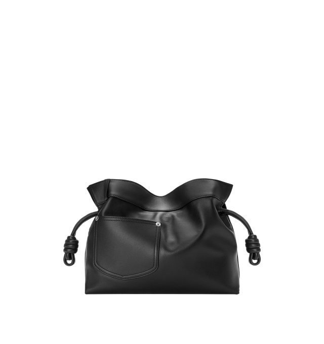 Image 2 of 4 - BLACK - LOEWE Panta Flamenco Medium Clutch in shiny calfskin featuring a soft and slouchy bag with a cinched closure and historical knot drawstrings. This medium version is crafted in shiny calfskin with denim trousers-inspired details, shoulder, crossbody or hand carry, detachable and adjustable strap, magnetic closure, herringbone cotton canvas lining and silver embossed LOEWE. Shiny calf. 24.5 cm x 30 cm x 10.5 cm. Made in Spain.