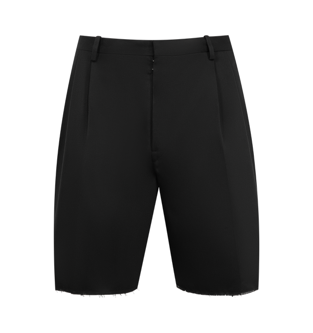 Image 1 of 3 - BLACK - MAISON MARGIELA Tailored Shorts featuring bermuda shorts with pleated front, raw cut hem, center zipper closure and four stitches at the back. Made in Italy.