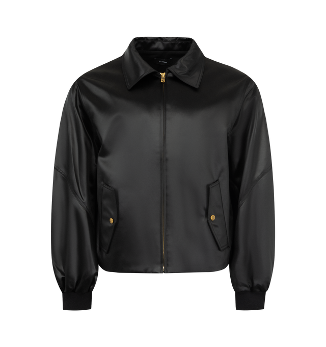 Image 1 of 3 - BLACK - WILLY CHAVARRIA Opera Bomber featuring pleated back panels, fully lined interior, branded center-front closure, signature Snake snaps, ribbed cuffs, and a snap-on throat latch. 54% cotton, 46% acetate.