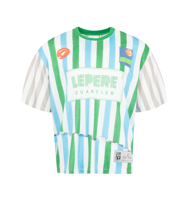 Image 1 of 2 - MULTI - LE PERE LPFC Mesh Tee featuring a collaboration with Antonio Carrau. The LPFC Mesh Top is a boxy soccer jersey incorporating Carrau's signature mixed-media printing techniques to create stripes that mimic tearing at the seams like paper. Cut from breathable mesh, it features bold striping, distressed appliqus, a layered mix of logos, the number 10 on the back, a sporting provenance at the bottom hem, and a back yoke. 100% cotton. Made in Portugal.