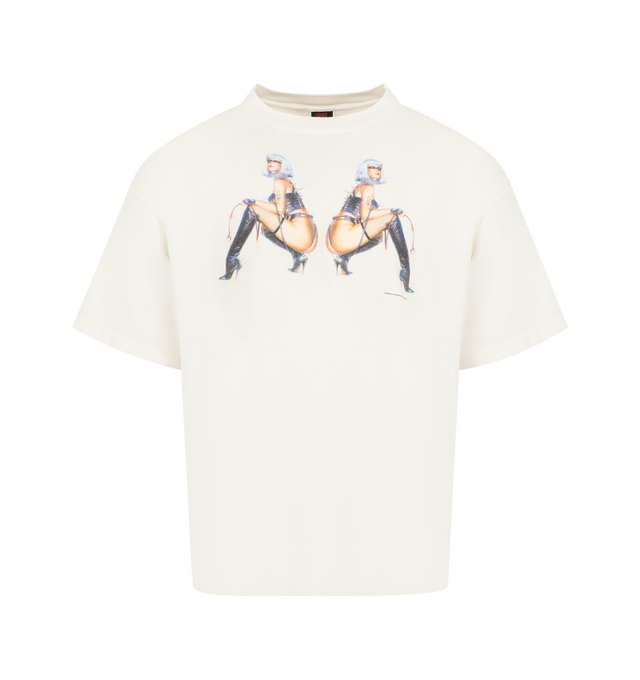 Image 1 of 2 - WHITE - ST MICHAEL SRYM Ladies T-Shirt featuring vintage treatment, crew neck, short sleeves and graphic on front and back. 100% cotton. Made in Japan.