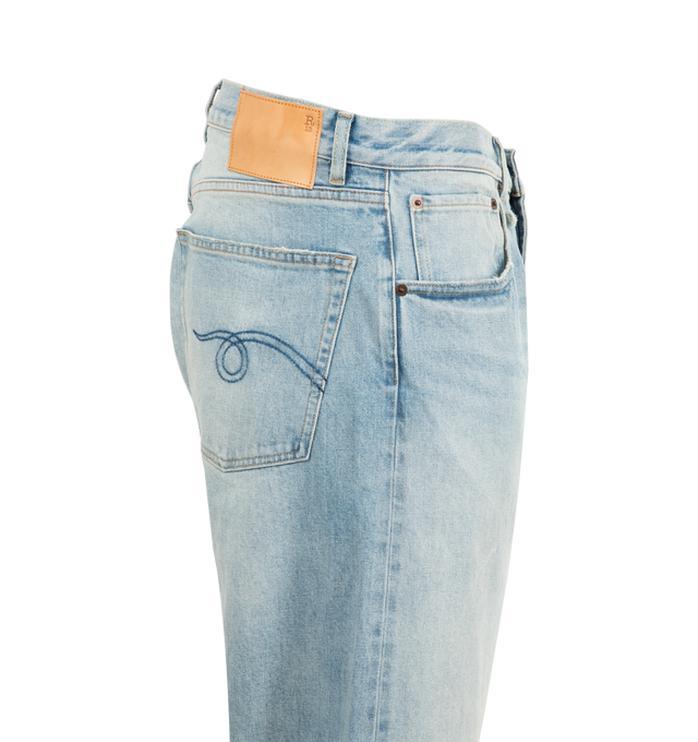 Image 5 of 5 - BLUE - R13 Cuffed X-Boyfriend Jeans featuring wide-leg non-stretch denim, fading, whiskering, and subtle distressing throughout, belt loops, five-pocket styling, zip-fly, rips at legs, leather logo patch at back waistband, logo-engraved antiqued copper-tone hardware and contrast stitching in yellow. 100% cotton.