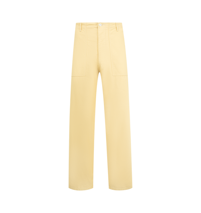 Image 1 of 3 - YELLOW - KAPTAIN SUNSHINE Baker Pant featuring straight leg, baggy fit, side tabs, front patch pockets and buttoned back flap pockets. 100% cotton. Made in Japan.