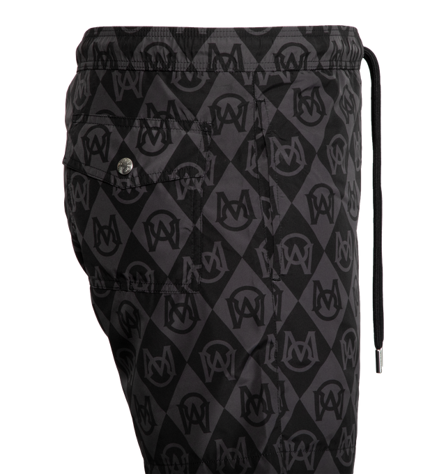 Image 3 of 3 - BLACK - MONCLER Monogram Print Swim Shorts featuring waistband with drawstring fastening and back patch pocket. 100% polyester. 