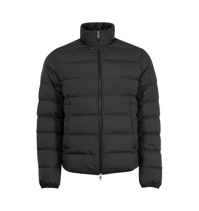 Image 1 of 3 - BLACK - MONCLER Baudinet Short Down Jacket featuring polyester lining, down-filled, zipper closure, pockets with button closure and logo trim. 100% polyester. Padding: 90% down, 10% feather.