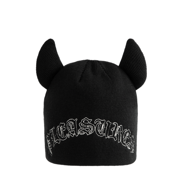 Image 1 of 2 - BLACK - PLEASURES Horns Skully featuring knit fabric, devil horn inserts and embroidered Old English wordmark on front. 100% acrylic.