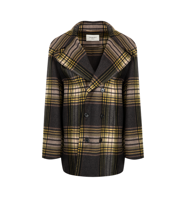 Image 1 of 3 - BROWN - SAINT LAURENT Wool Tartan Peacoat featuring certified wool, double-breasted, six-button closure, an ulster collar and two welt pockets at the front. 100% new wool. Made in Italy.
