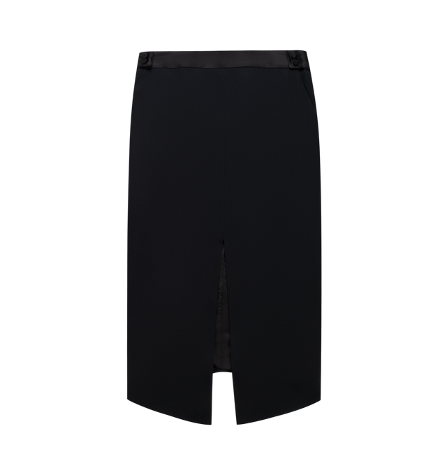 Image 1 of 1 - BLACK - Tom Ford Women's Envers Satin Tailored Tuxedo Pencil Skirt is crafted from envers satin and features a below-the-knee pencil silhouette, satin button detailing, side pockets with fine bar tacks, and double back welt pockets. This designer satin pencil skirt combines refined tuxedo-inspired tailoring with an elegant, streamlined silhouette for elevated formal and evening wear. Main Material: 71% Acetate, 29% Viscose. Lining: 59% Cupro, 41% Silk. Made in Italy.