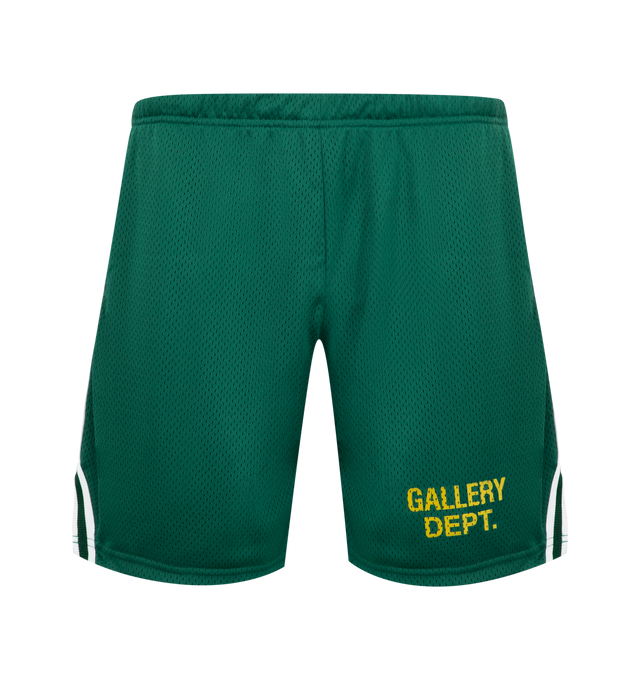 Image 1 of 3 - GREEN - GALLERY DEPT. Venice Court Shorts featuring breathable mesh jersey with a GD ENGLISH logotype at front, balloon fit with an elasticized waistband and inner drawstring, front slip pockets, white striped piping over seams and double lining. 100% Polyester. Made in USA.