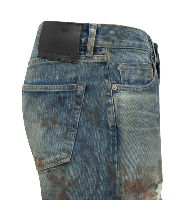 Image 3 of 3 - BLUE - DRKSHDW Kurdt Jeans featuring button fly closure, 6-pocket styling, intentionally distressed and faded fabric and midweight rigid denim. 100% cotton. Made in Japan.