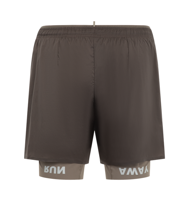 Image 2 of 3 - BROWN - Satisfy Men's TechSilk 8" Shorts are crafted from lightweight French-engineered TechSilk and feature a 5-inch shell paired with an 8-inch Justice TechSilk Evo liner. Designed for long-distance performance, the fast-drying construction is enhanced with Coldblack treatment for cooling, odor control, UV protection, and four-way stretch. Functional details include a sweat-resistant hidden phone pocket, double waistband with internal drawcords, a mini S-Carabiner for keys, and reflective