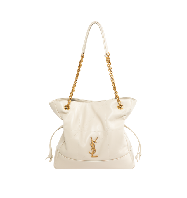 Image 1 of 3 - WHITE - SAINT LAURENT Jamie Shopping Bag Small in lambskin featuring the cassandre and CARR RIVE GAUCHE topstitching, chain strap, removable zip pouch, a chain and drawstring ties allow the sides to be cinched or expanded to create different silhouettes, grosgrain lining, bronze-tone hardware and magnetic closure. 10.6" x 11.4" x 4.3". Strap drop: 9.8". Lambskin. Made in Italy.