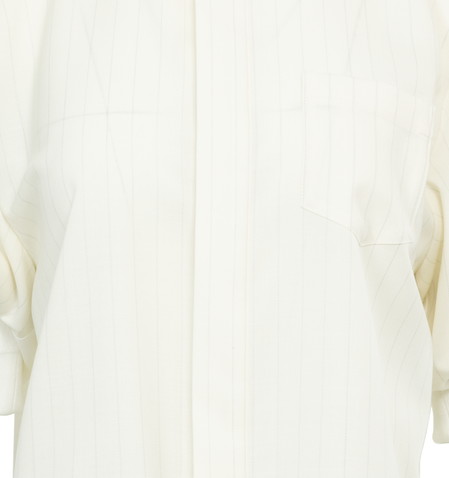Image 3 of 3 - WHITE - SACAI Chalk Striped Shirt featuring spread collar, button closure, patch pocket, gathering at sleeves and two-button barrel cuffs. 100% cotton. Made in Japan. 