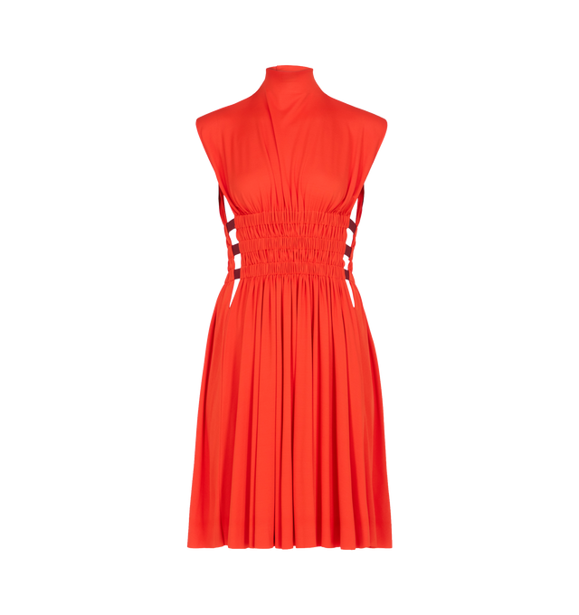 Image 1 of 1 - RED - Alaa Womens Mini Desse Dress is crafted from fluid jersey. Features an open back, high neckline, sleeveless silhouette, three elasticated bands at the sides, three clasps at the back of the neck, and raw edge detailing. Above-the-knee length with an A-line shape. Material: 100% Viscose. Made in Italy.