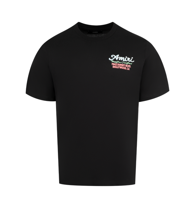 Image 1 of 2 - BLACK - AMIRI Neon Lights T-shirt featuring cotton jersey, oversized fit, rib-knit crewneck, short sleeves, logo and text printed at chest and back and dropped shoulders. 100% cotton. Made in Italy.