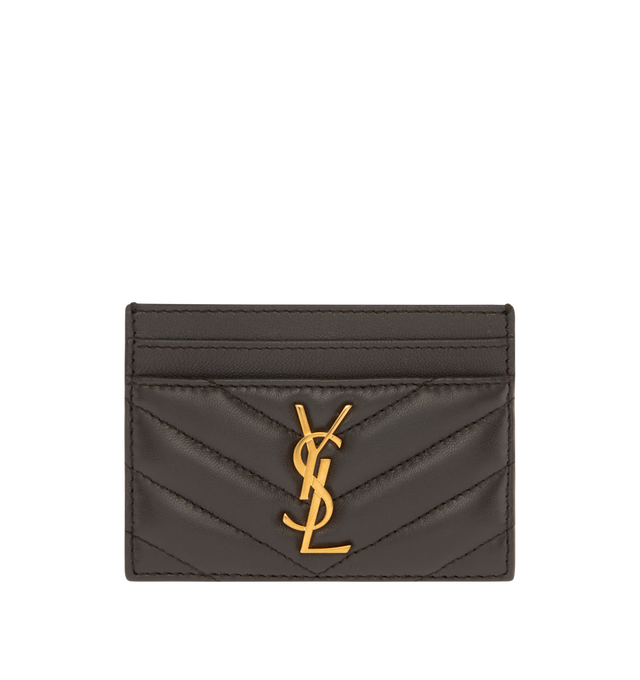 Image 1 of 3 - BROWN - SAINT LAURENT Monogram Card Case featuring five card slots, gold tone hardware, cassandre and chevron-quilted overstitching. 4 X 2.8 X 0.1 inches. 100% lambskin. Made in Italy.