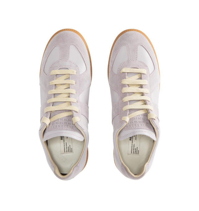 Image 5 of 5 - WHITE - MAISON MARGIELA Replica Sneakers featuring lace-up sneakers in buffed nappa calfskin and calfskin suede, contrasting sole, Maison Margiela logo label on the tab, internal Replica label, internal elastic and all-over Maison Margiela logo insole. 100% calf leather. Sole: 100% rubber. Made in Italy.