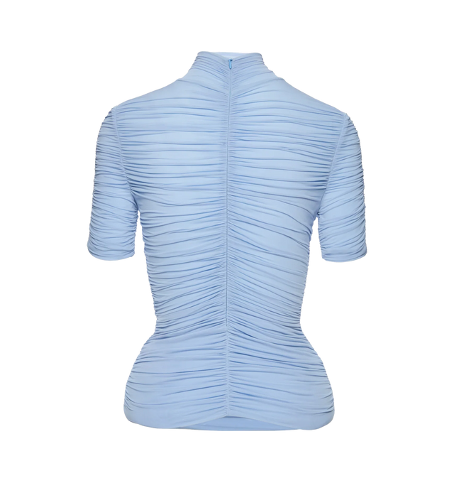 Image 2 of 2 - BLUE - MAGDA BUTRYM Ruched Cupro-Blend Top featuring fitted hip-length blouse crafted from a stretch cupro blend, a high ruched neckline, short gathered sleeves, diagonal front seams and softly draped ruching throughout the body, a sculptural flower detail is attached at the neck, subtle padding that enhances the hips and a concealed zip closure at the back. 92% cupro, 8% elastane.