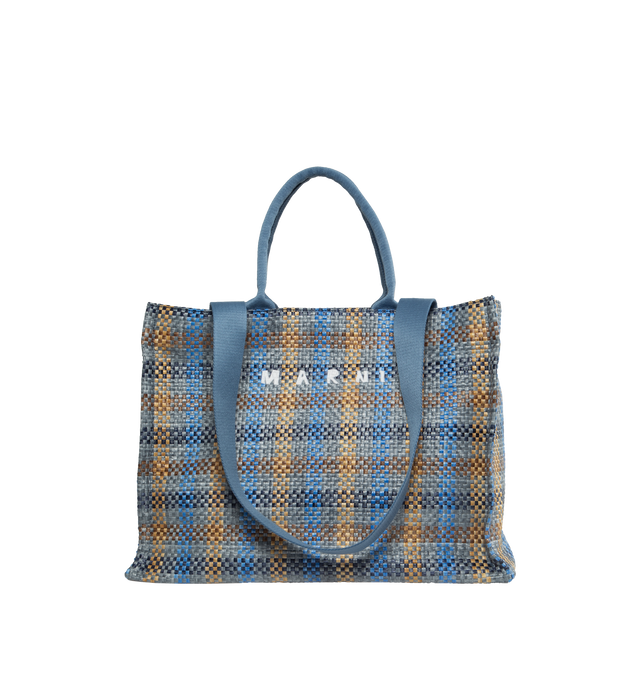 Image 1 of 3 - MULTI - MARNI Plaid Check Woven Tote Bag featuring interwoven design, logo print, two long top handles, two rolled top handles, open top and one main compartment. 7.8 x 13.3 x 17.7 inches. 52% cotton, 48% polyamide. 