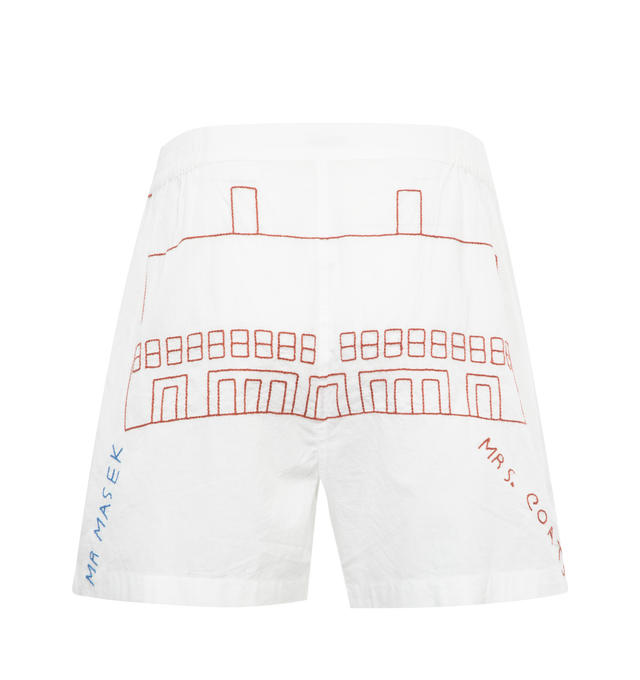 Image 2 of 3 - WHITE - BODE Familial Hall Boxer Shorts featuring elasticized waistband, two-pocket styling, button-fly, logo embroidered at front waistband and graphic embroidered at back. 100% cotton. Made in India. 