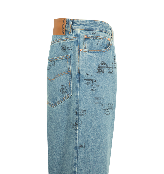 Image 3 of 3 - BLUE - VETEMENTS Passport Stamp Jeans featuring graphic print, five pockets, belt loops, button zip closure, mid rise and passport stamps throughout. Cotton.