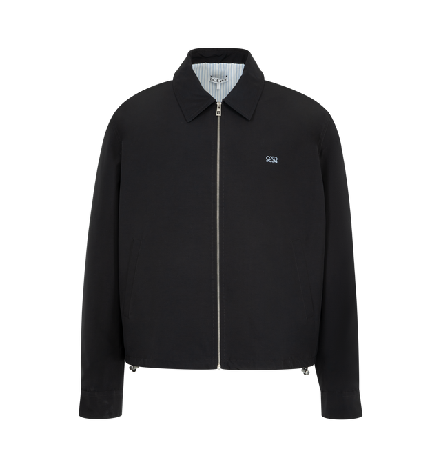 Image 1 of 3 - BLACK - LOEWE Zip-Up Jacket in technical cotton featuring a contrast stripe lining, regular fit, regular length, classic collar, zip front fastening, snap cuffs, elasticated hem with drawstring, inside welt pockets and double L embroidery placed on the chest. Cotton/polyamide. Made in Italy.
