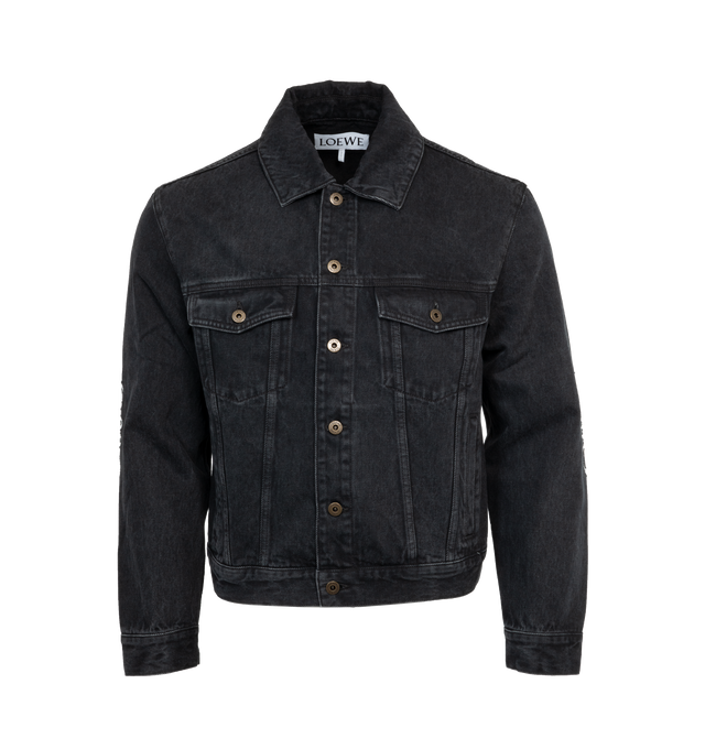 Image 1 of 4 - BLACK - LOEWE Anagram Jacket in Denim featuring regular fit, regular length, contrast Anagram cut-out at the back of the sleeves, classic collar, buttoned cuffs, button front fastening, buttoned chest flap pockets, welt pockets and LOEWE embossed leather patch placed at the back. 100% cotton. 