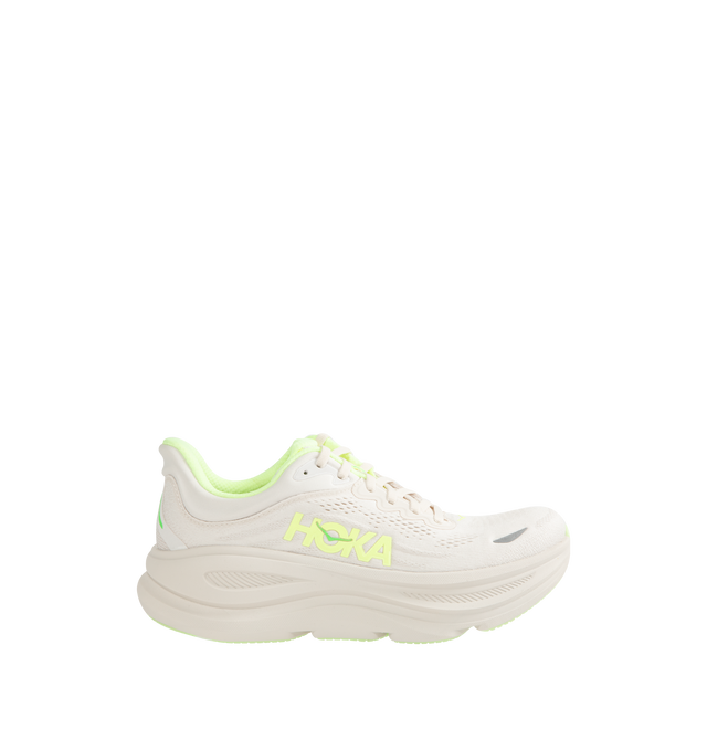 Image 1 of 5 - WHITE - HOKA M Bondi 9 Sneaker featuring engineered mesh upper with rubber sole, lace-up front, foamed EVA midsole and increased stack height for maximum cushioning, zonal breathability, reflective detailing and cushioned tongue and collar.