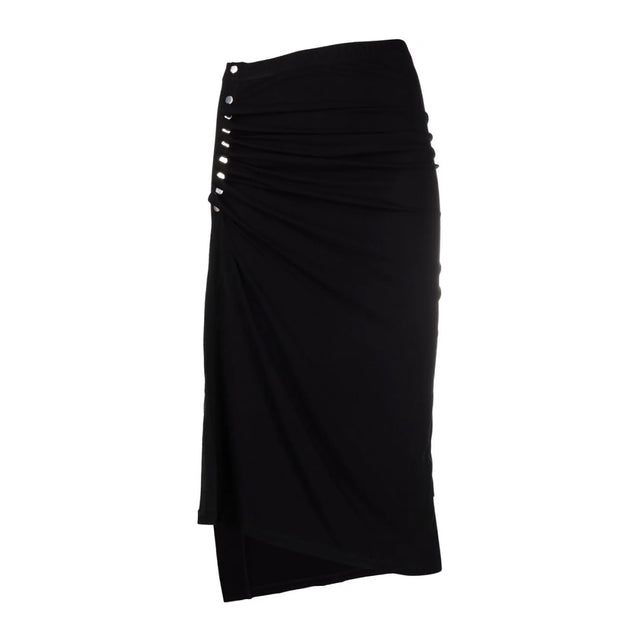 Image 1 of 2 - BLACK - RABANNE Drape Pression Skirt featuring slim fit, silver snaps, asymmetrical, pleated, side slit and draped. 75% viscose, 20% polyester, 5% elastane. 