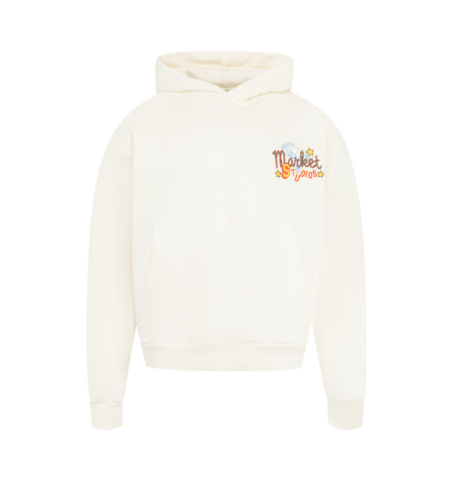 Image 1 of 2 - WHITE - MARKET Desert League Graphic Hoodie featuring drawstring hood, pullover style, long sleeves with ribbed cuffs, graphics at left chest and back, kangaroo pocket and ribbed hem. 100% cotton.