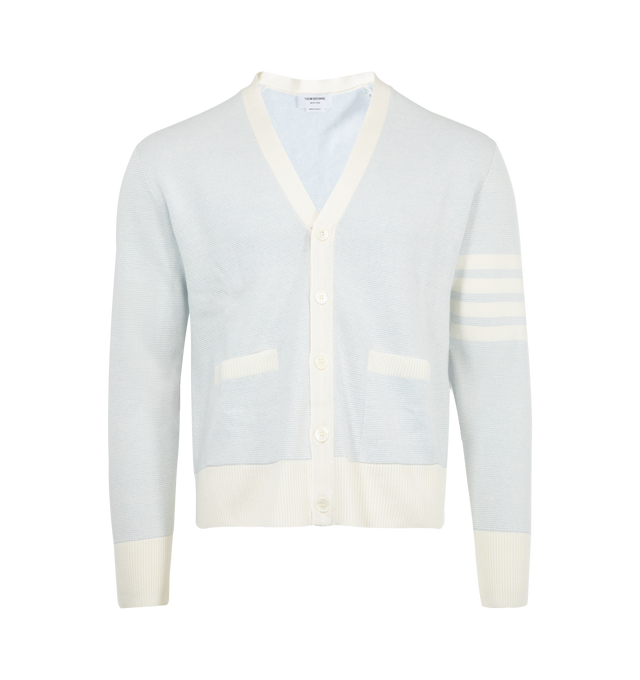 Image 1 of 2 - BLUE - THOM BROWNE V Neck Cardigan featuring relaxed fit, v neck, button front closure, 4 bar stripe on sleeve, 2 front slip pockets and signature striped grosgrain loop tab.