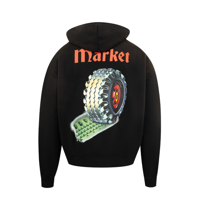 Image 2 of 2 - BLACK - MARKET True Tred Graphic Hoodie featuring hooded pullover sweatshirt, graphics on front and back, pouch front pocket, ribbing trims and boxy and oversized fit. 100% cotton.