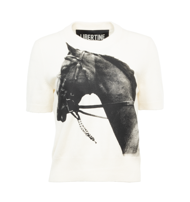 Image 1 of 2 - WHITE - LIBERTINE THOROUGHBRED SHORT SLEEVE PULLOVER featuring crew neckline, short sleeves, relaxed fit and pullover style. 100% cashmere. 