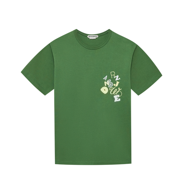Image 1 of 1 - GREEN - JW Anderson Men's Scattered Letters T-Shirt in green cotton jersey. A classic crewneck design. Features scattered lettered, spelling out JW ANDERSON, each featured in a different embroidery style. Made in Portugal.