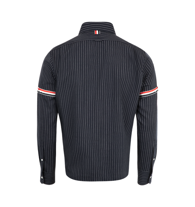 Image 2 of 2 - NAVY - THOM BROWNE Pinstriped Wool Suiting Shirt featuring a pinstriped motif, a suiting-inspired silhouette, spread collar, patch pocket at the chest, striped bands, long sleeveswith button cuffs and front zip closure. 97% virgin wool, 3% polyester.