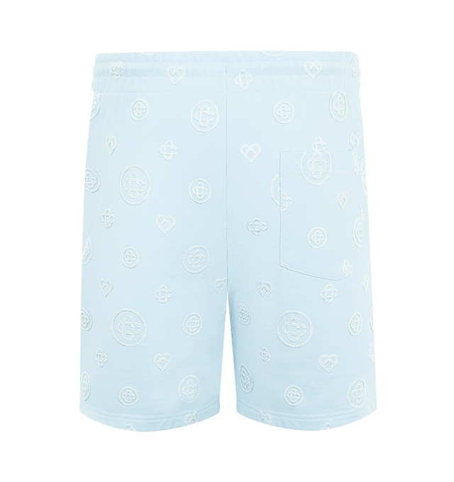 Image 2 of 3 - BLUE - CASABLANCA Applique Monogram Sweatshorts featuring monogram print throughout, an elasticised waistband, drawstring fastening, in-seam side pockets, and a back patch pocket. 100% organic cotton. Made in Portugal.