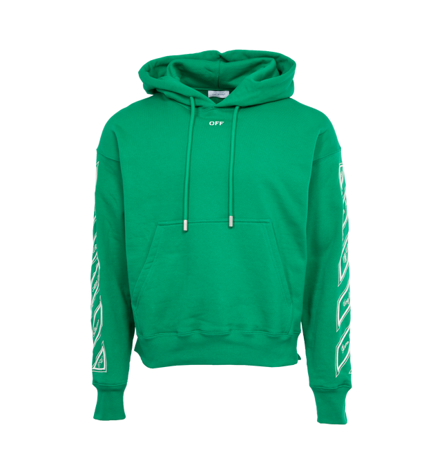 Image 1 of 3 - GREEN - OFF-WHITE CORNELY DIAGS SKATE HOODIE Off-White's hoodie is printed with the brand's logo in small text on the front and has their signature diag-print design down the side of both sleeves with a drawstring hood and kangaroo pockets. It's cut from soft cotton-jersey for a loose fit. 100% cotton. 