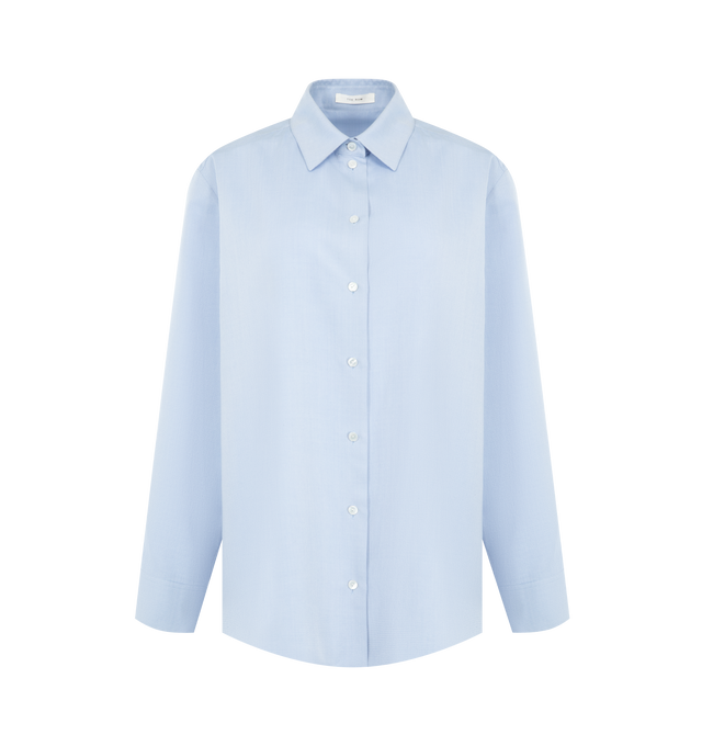Image 1 of 2 - BLUE - THE ROW Sisilia Shirt featuring classic button-up shirt in silk poplin jacquard with relaxed fit, slim back yoke, and exposed front placket with mother-of-pearl buttons. 100% silk. Made in Italy.