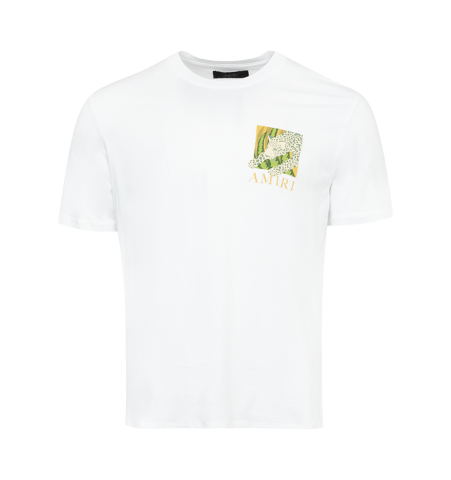 Image 1 of 3 - WHITE - AMIRI Leopard Tee featuring classic fit, crew neck, short sleeves and graphic on front and back. 100% cotton.  